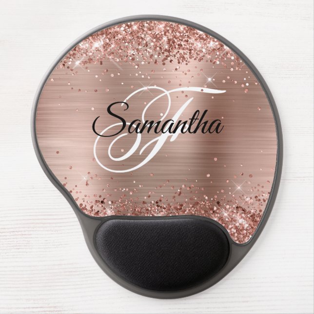 Faux Shiny Rose Gold Glitter Foil Monogram Gel Mouse Pad (Front)