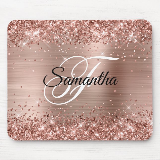 Faux Shiny Rose Gold Glitter Foil Monogram Mouse Pad (Front)