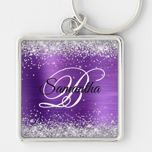 Faux Shiny Silver Glitter Amethyst Foil Monogram Keychain (Front)