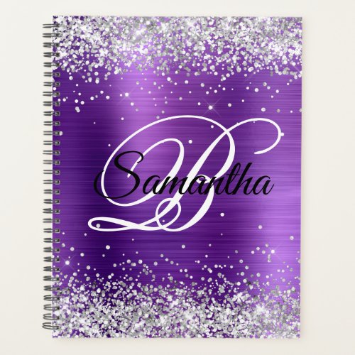 Faux Shiny Silver Glitter Amethyst Foil Monogram Planner