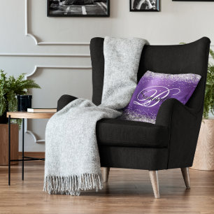 Faux Shiny Silver Glitter Amethyst Foil Monogram Throw Pillow