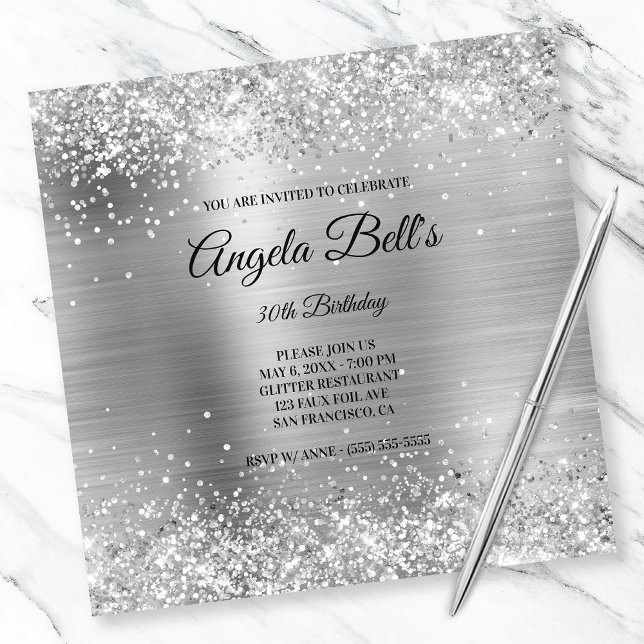 Faux Shiny Silver Glitter Brushed Metal Monogram Invitation (Creator Uploaded)