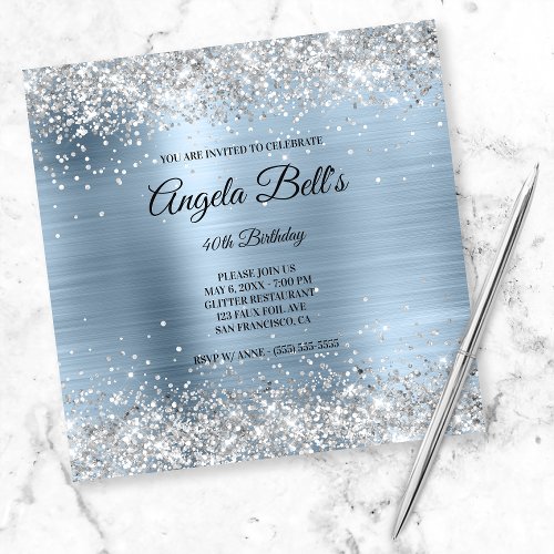 Faux Shiny Silver Glitter Pale Blue Foil Monogram Invitation