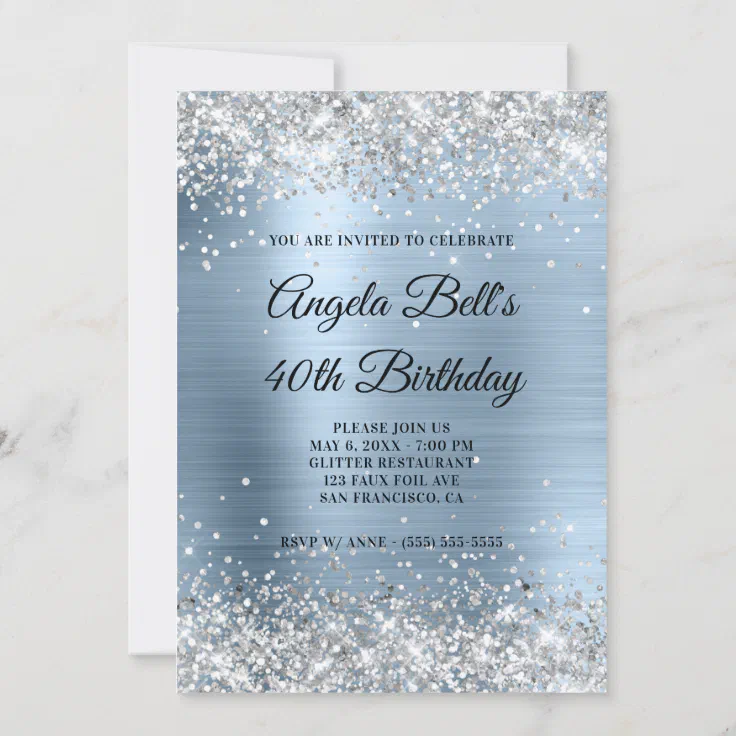 Faux Shiny Silver Glitter Pale Blue Foil Monogram Invitation | Zazzle