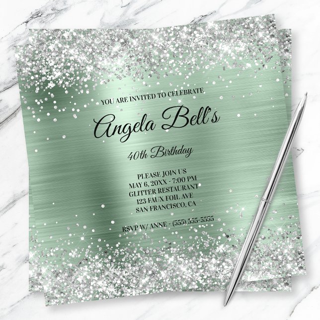 Faux Shiny Silver Glitter Pale Mint Foil Monogram Invitation (Creator Uploaded)