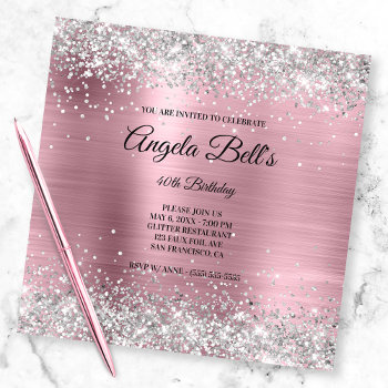 Faux Shiny Silver Glitter Pale Pink Foil Monogram Invitation by annaleeblysse at Zazzle