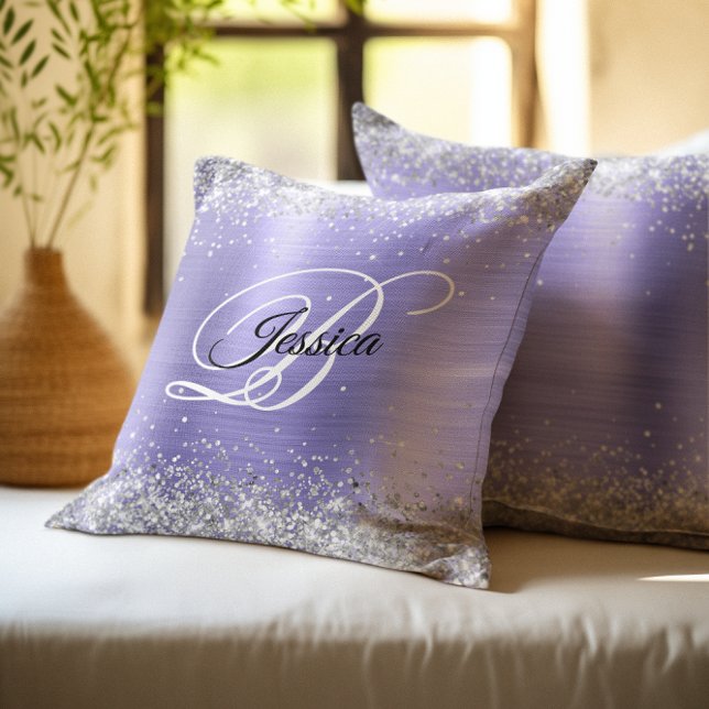 Faux Shiny Silver Glitter Periwinkle Foil Monogram Throw Pillow (Silver Glitter Periwinkle Foil Monogram Throw Pillow)