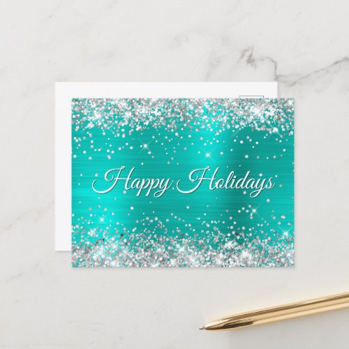 Faux Shiny Silver Glitter Turquoise Foil Happy Holiday Postcard