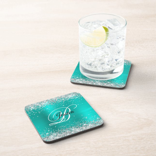 Faux Shiny Silver Glitter Turquoise Foil Monogram Beverage Coaster (Right Side)