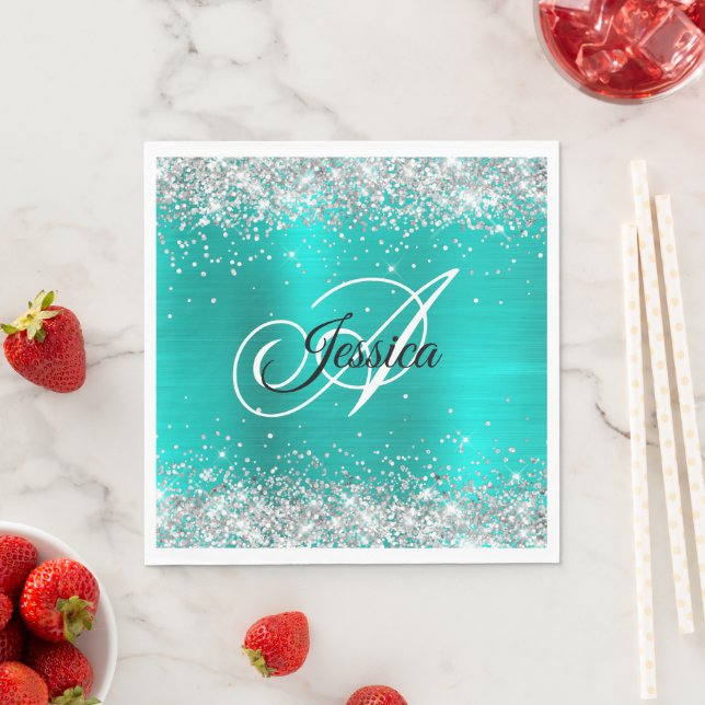 Faux Shiny Silver Glitter Turquoise Foil Monogram Napkins (Insitu)