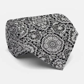Faux Silk | Black and White Lace Pattern | Neck Tie