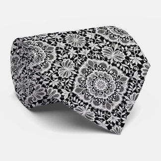 Faux Silk | Black and White Lace Pattern | Neck Tie