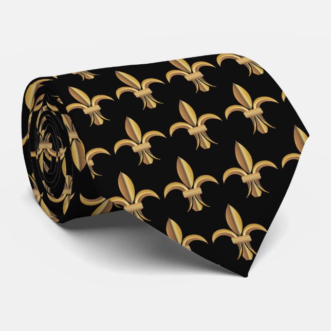Faux Silk Black Gold Fleur de Lis Luxury Neck Tie (Rolled)