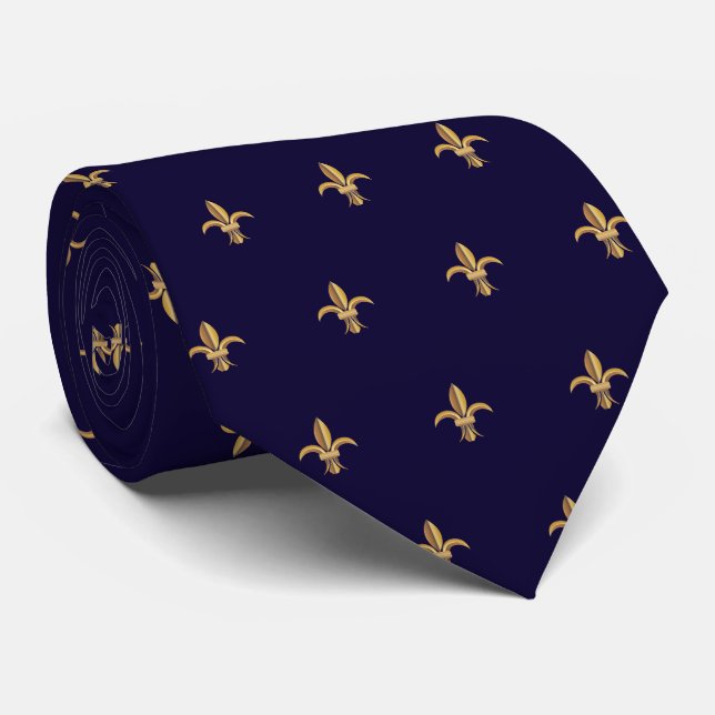 Faux Silk Blue Gold Fleur de Lis Luxury Neck Tie (Rolled)