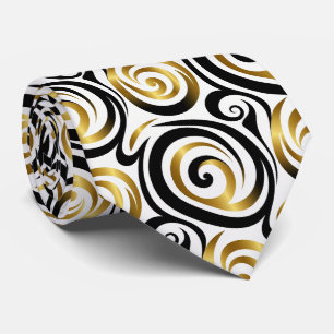 Faux Silk Neck Tie Black, White + Gold Abstract