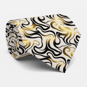 Faux Silk Neck Tie Black, White + Gold Abstract