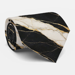 Faux Silk Neck Tie Black, White + Gold Marble