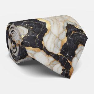 Faux Silk Neck Tie Black, White + Gold Marble