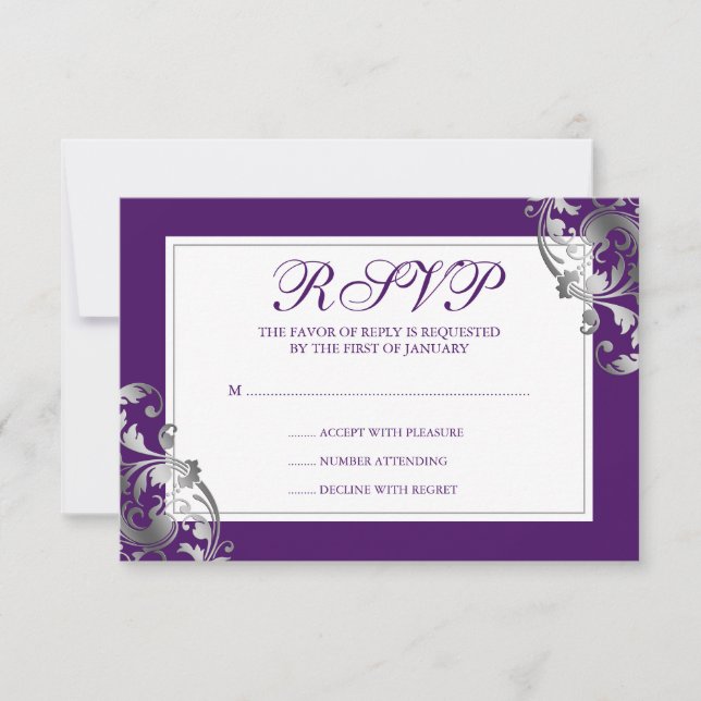 Faux Silver and Purple Flourish Swirl Wedding RSVP (Front)