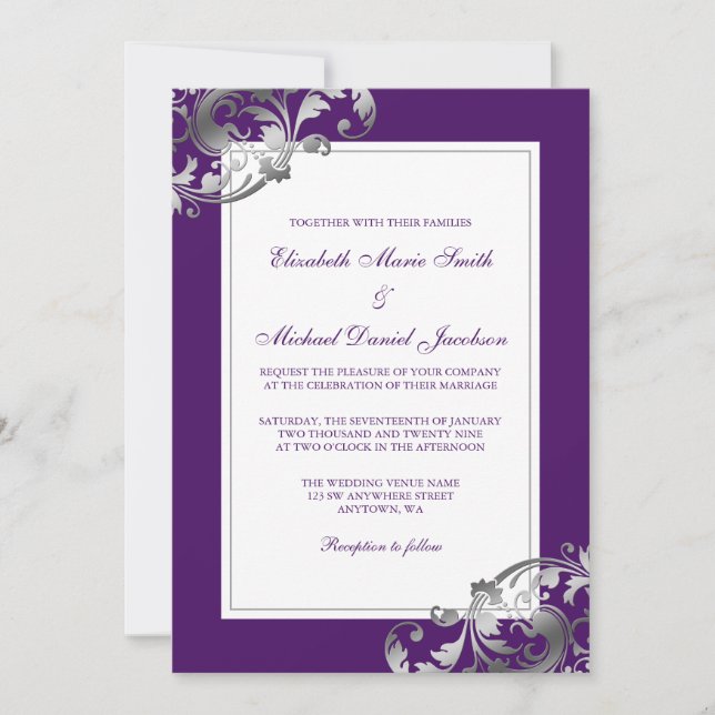Faux Silver and Purple Flourish Swirls Wedding Invitation (Front)