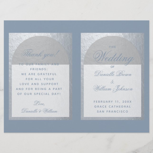 Faux Silver Arch Dusty Blue Folded Wedding Program (Front)