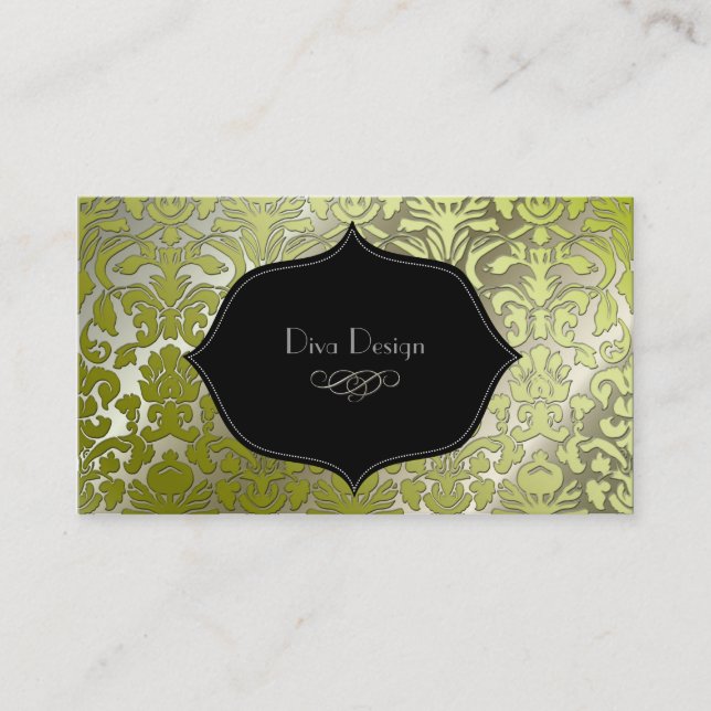 Faux silver baroque damask /black business card (Front)