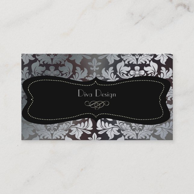 Faux silver baroque damask /black business card (Front)