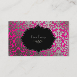 Faux silver baroque damask /black/hot pink business card