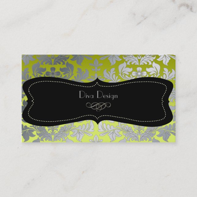 Faux silver baroque damask /black/lime green business card (Front)