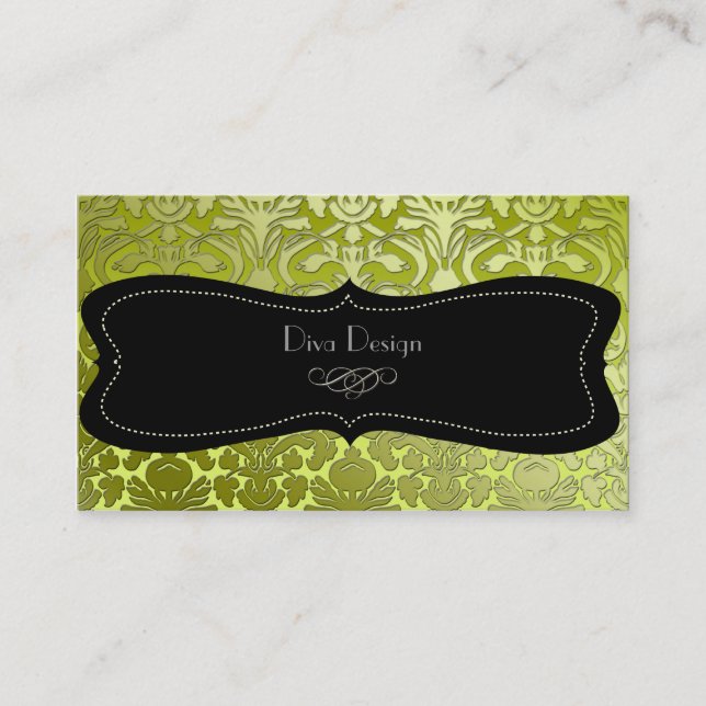 Faux silver baroque damask /black/lime green business card (Front)