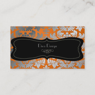 Faux silver baroque damask burnt orange/black business card