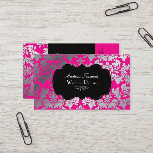Faux silver baroque damask/DIY colors pink+black Business Cards