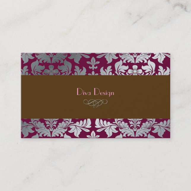 Faux silver baroque damask en merlot + chocolate business card (Front)