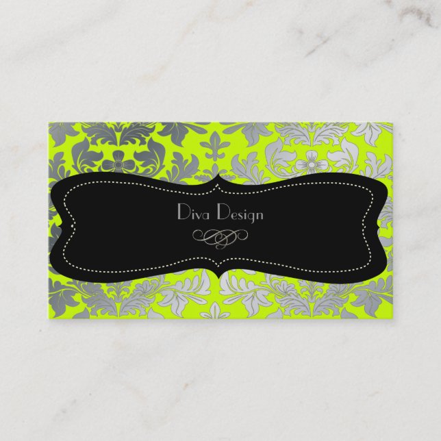 Faux silver baroque damask fluorescent green/black business card (Front)