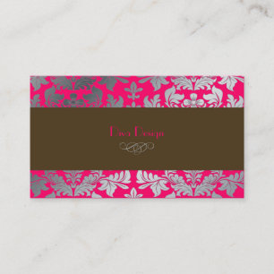 Faux silver baroque damask hot pink + chocolate business card