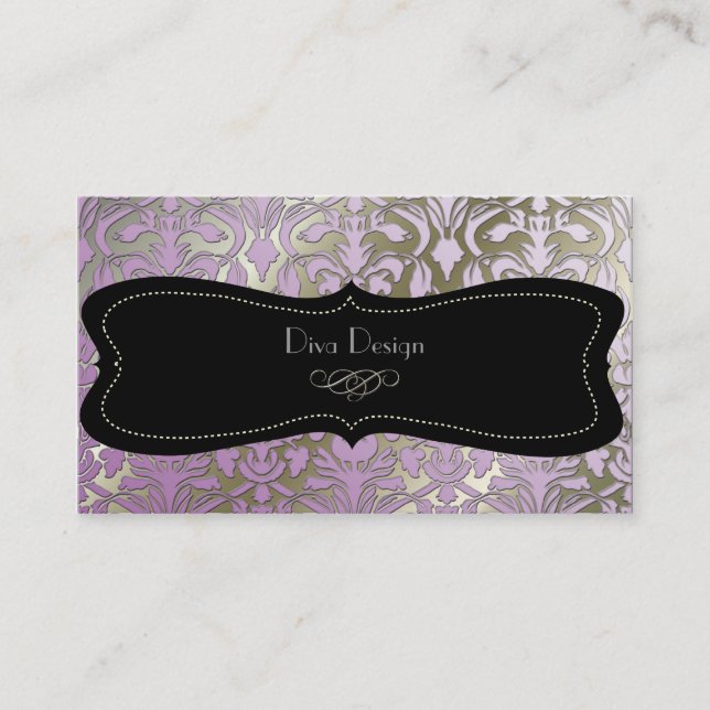 Faux silver baroque damask lilac//black business card (Front)