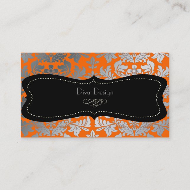 Faux silver baroque damask orange/black business card (Front)