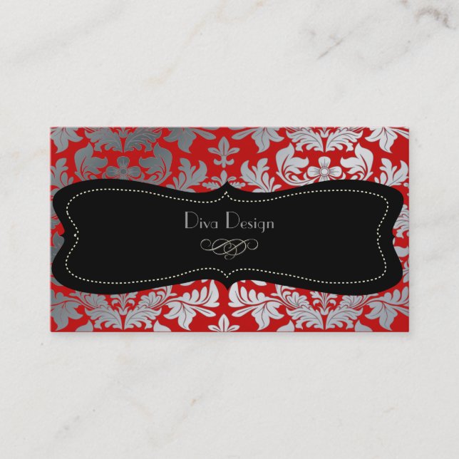 Faux silver baroque damask red/black business card (Front)