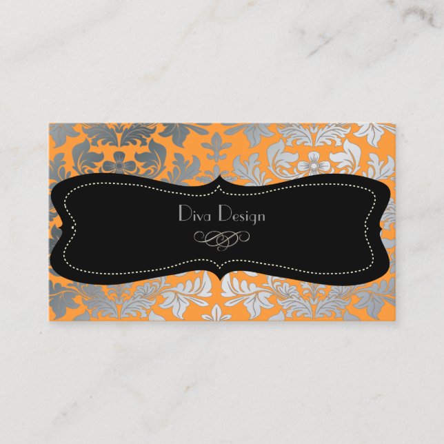 Faux silver baroque damask salmon orange/black business card (Front)