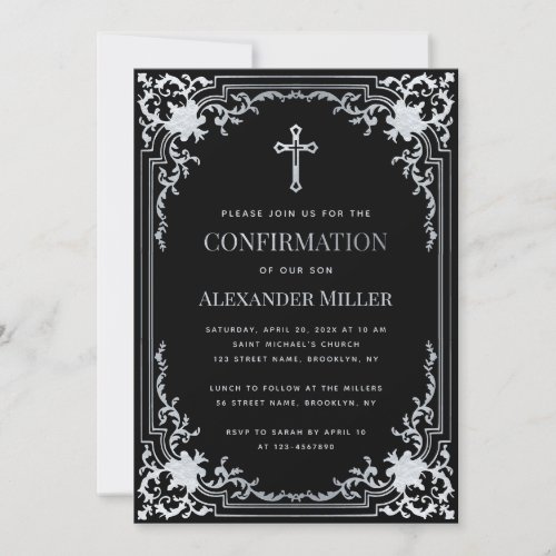 Faux Silver Black Elegant Vintage Boy Confirmation Invitation