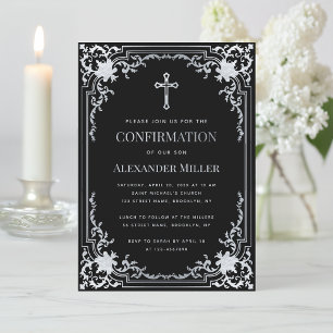 Faux Silver Black Elegant Vintage Boy Confirmation Invitation