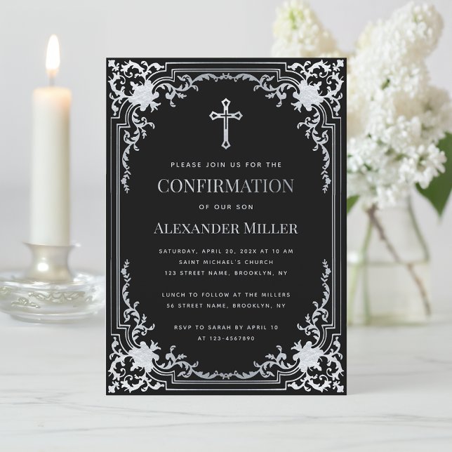 Faux Silver Black Elegant Vintage Boy Confirmation Invitation (Creator Uploaded)