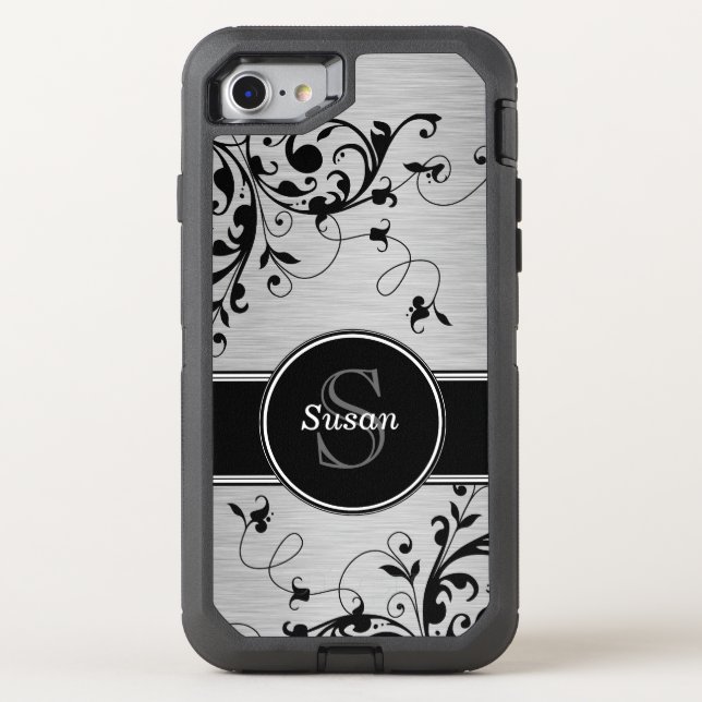 Faux Silver Black Floral Swirls Otterbox iPhone Case (Back)