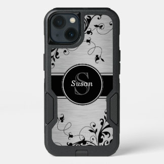 Faux Silver Black Floral Swirls Personalized iPhone 13 Case