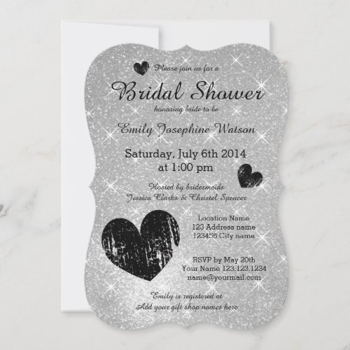 Faux silver black glitter bridal shower invitation