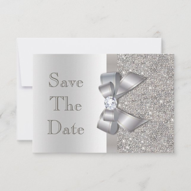 Faux Silver Bow Diamonds Save The Date Baby Shower (Front)