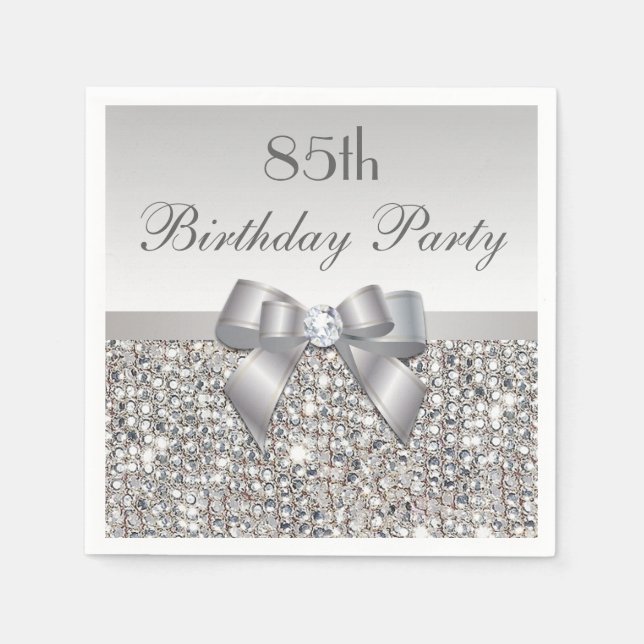 Faux Silver Bow Sequins Diamond Any Age Birthday Napkins (Front)