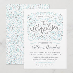 Faux Silver Boy Baptism Invitation