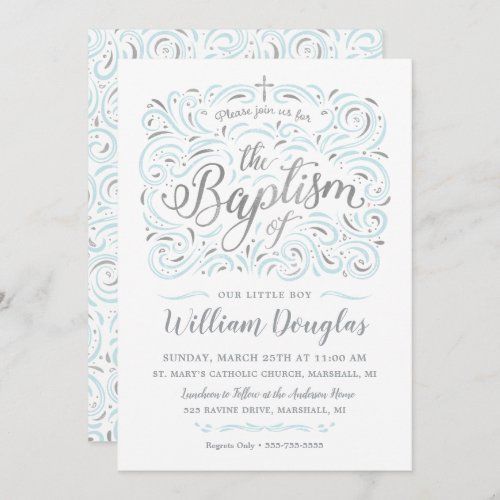 Faux Silver Boy Baptism Invitation