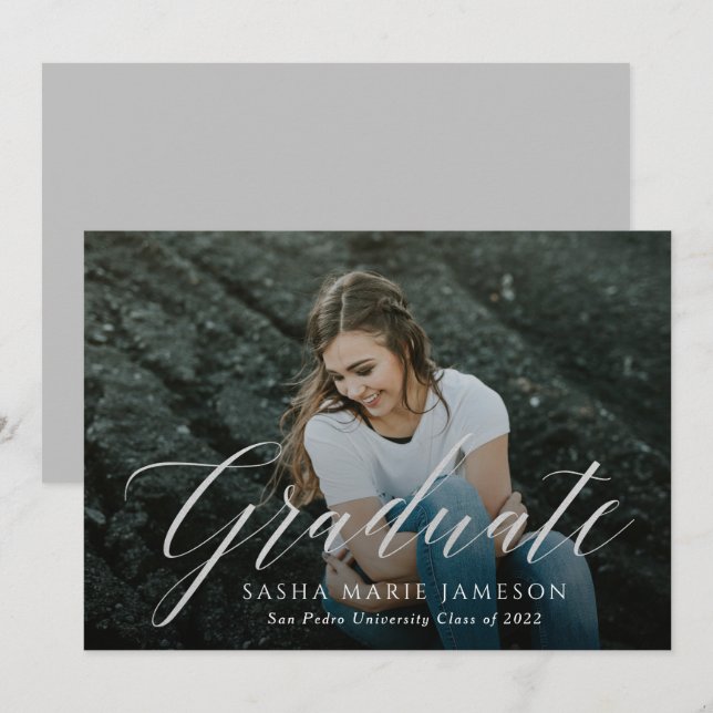 Faux Silver Calligraphy Graduate Landscape Photo Invitation (Front/Back)